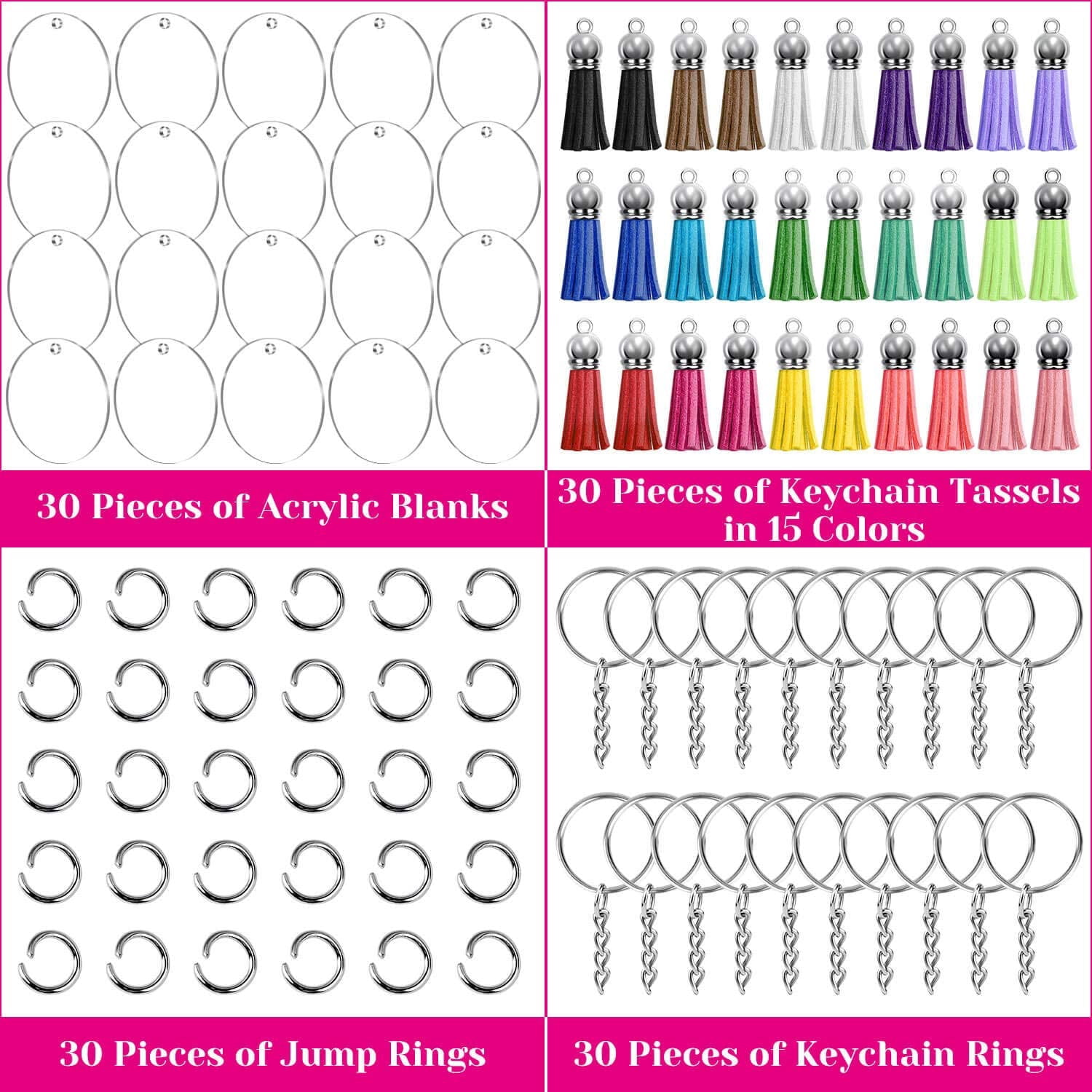 Acrylic Keychain Blanks Kit - 120pcs Including Clear Acrylic Blanks, Keychain Tassels, Key Rings, Jump Rings for DIY Key Chain Vinyl Crafting