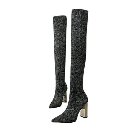 

SIMANLAN Women Comfortable Thigh High Boot Block Shoes Work Sock Style Pointed Toe Silver 6.5
