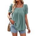thumbnail image 2 of Women'S Hollow Pleated Short Sleeves Square Neck Casual Loose Solid Color Knit T Shirts Tops Blouses Bean Green XL, 2 of 9