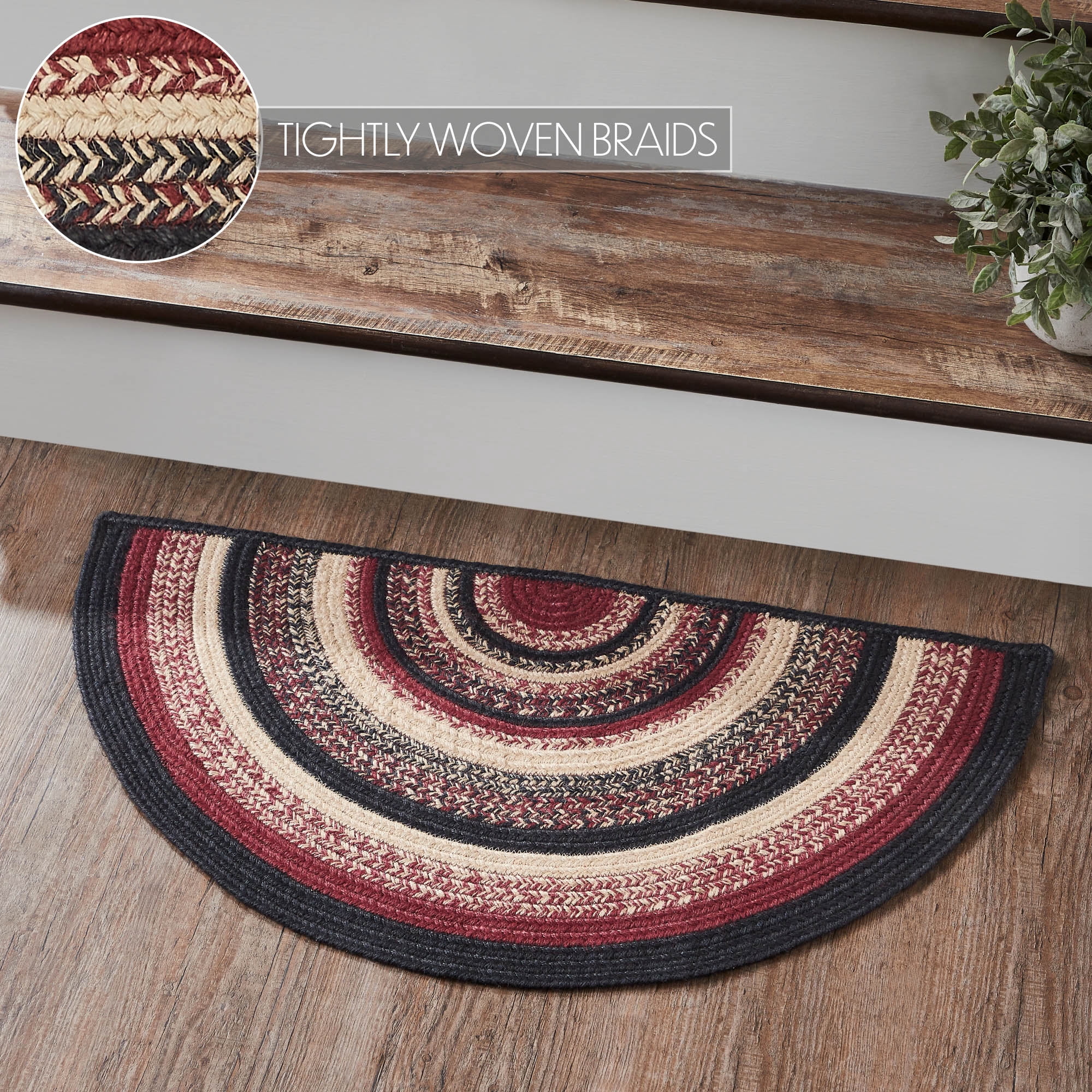 VHC Brands Jute Rug Half Circle 16.5x33 w/Pad, Jute Area Rug, Accent Rug, Floor Decor, Braided, Connell Collection, Half Circle 16.5x33, Country Black