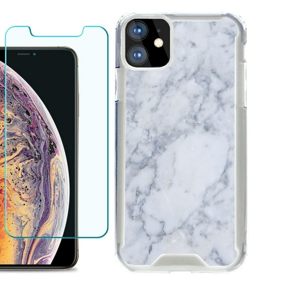 For Apple iPhone 11 Case, Hybrid Bumper Phone Case, with Tempered Glass Screen Protector, by OneToughShield ® - Marble / Clouds