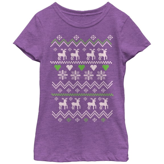 Girl's Lost Gods Ugly Christmas Reindeer & Hearts  Graphic Tee Purple Berry Small