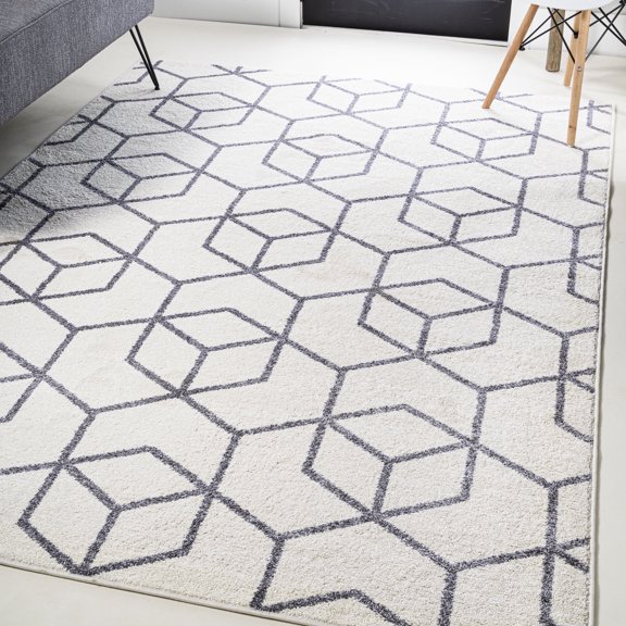 JONATHAN Y SUPERSOFT 3 x 5 Area Rug, Tumbling Blocks Modern Geometric - White/Gray, SEU101K-3