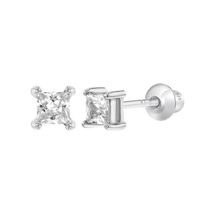925 Sterling Silver Solitaire Square CZ Screw Back Earrings for Children