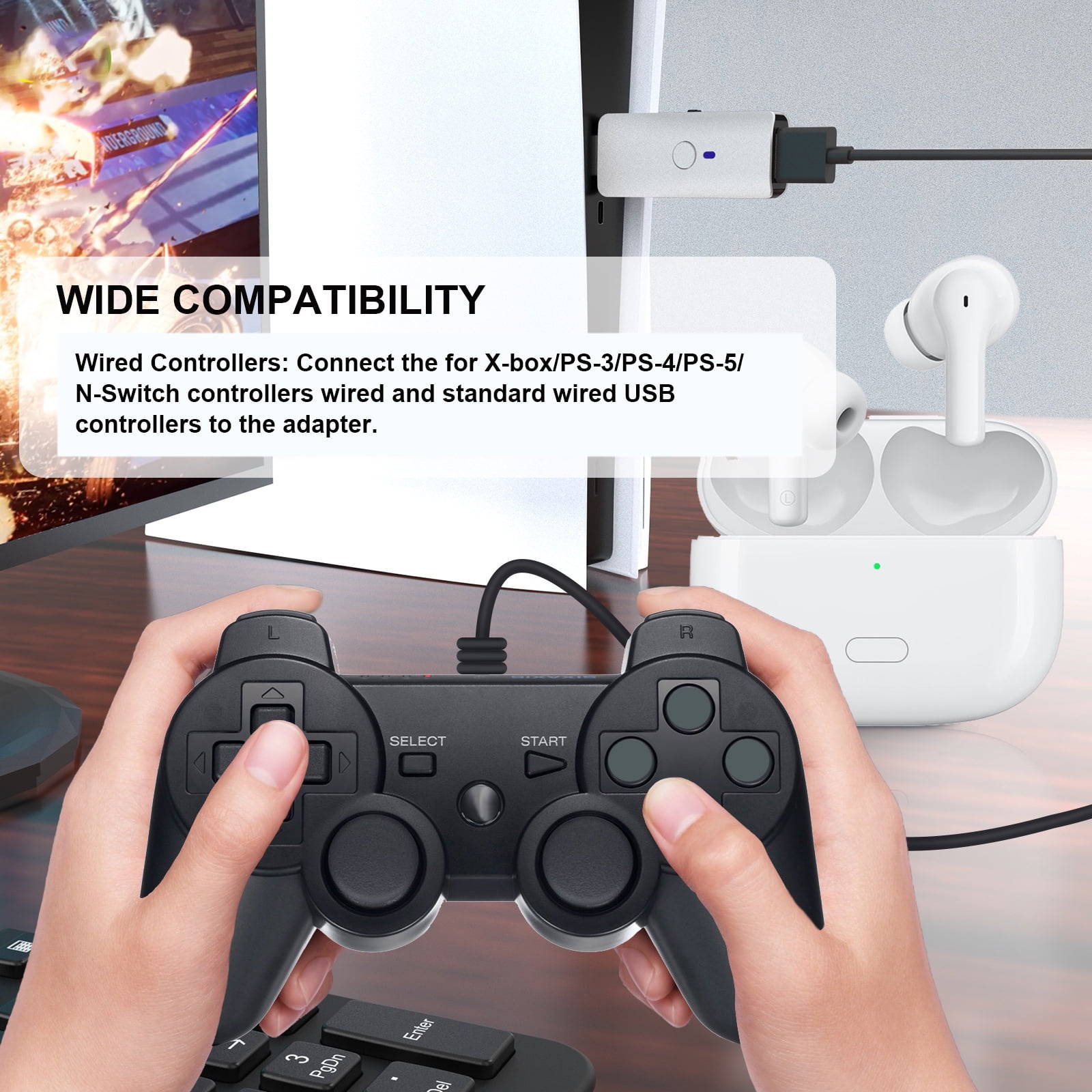 Wireless USB Adapter for PS5/PS4/PS3/Switch/PC Controller, USB BT-Compatible PC Adapter, Receiver, Game Console Wired Converter-White
