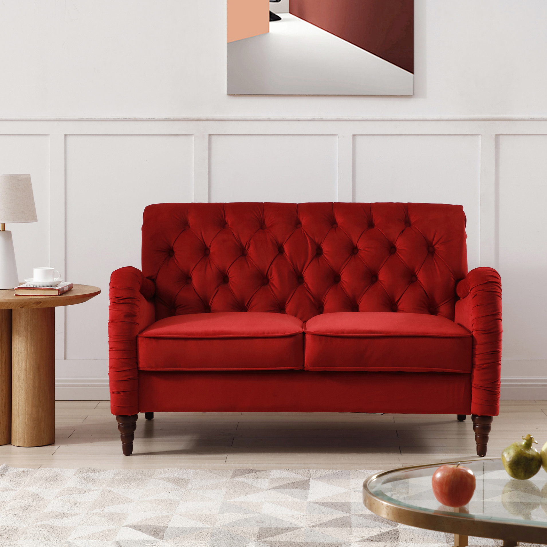 Modern Velvet Sofa Couch with Wooden Circle Shape Legs, Mid Century