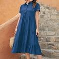 thumbnail image 2 of VSSSJ Womens Summer Dresses Casual Short Sleeve Crewneck Button Front Loose Solid Color Cotton Linen Tiered Ruffle Midi Long Dress Blue XXL, 2 of 6