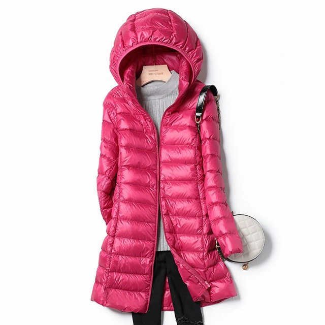 Chaqueta de plumón ligera para mujer, de largo medio, de invierno, ajustada, con gorro, talla grande, chaqueta de plumón de pato blanca