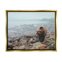 Stupell Industries Bear on Rocky Shore Nature Photography Gold Floater Framed Art Print Wall Art, 21 x 17
