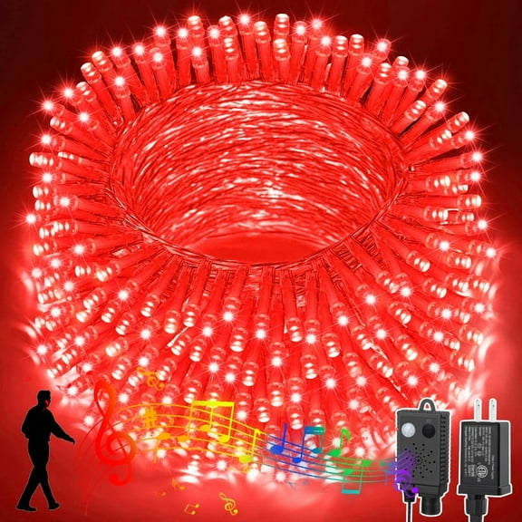 Music Red String Lights with Motion Sensor Controller, 100 LED Christmas Decoration Light, Flashing Waterproof for Indoor Outdoor Christmas Tree Party Yard