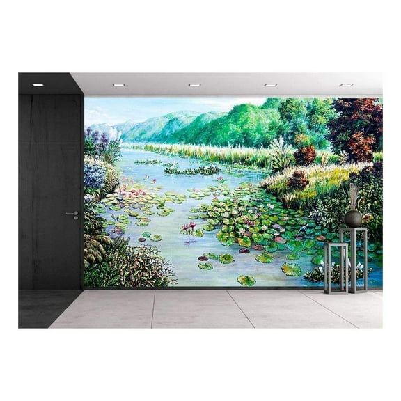 wall26 - White and Red Lotus in The River of Oil Painting - Removable Wall Mural | Self-Adhesive Large Wallpaper - 66x96 inches