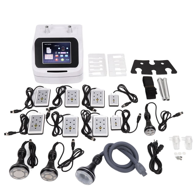 dispositivo de adelgazamiento ultrasónico, cavitación ultrasónica rf 40k dispositivo de cavitación corporal rf máquina para quemar grasa aspecto llamativo unidad blanca con pantalla LCD frontal y dos conectores superiores, incluye tres cabezales de mano grandes y un cabezal facial pequeño, manguera flexible, ocho electrodos rectangulares con cables y accesorios; material ABS, función: esculpir y reafirmar el cuerpo, marca NikouMX, a menudo usado para tratamientos estéticos en casa o en cabina de spa como apoyo para moldear contornos.