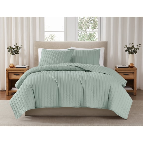 Brooklyn Loom Classic Solid 100% Cotton 200 Thread Count Percale Sage 3-Piece Full/Queen Quilt Set, Solid Casual themed, Adult Bedding, OEKO-TEX Certified