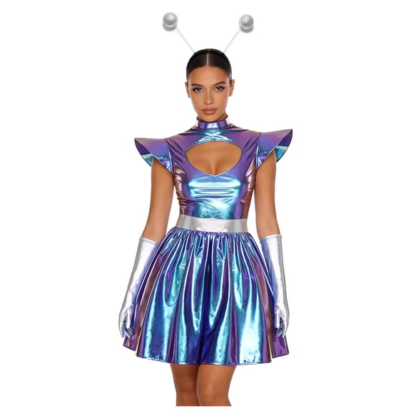 Hansber Women's Space Alien Outfit Shiny Metallic Cut Out A-Line Mini Dress with Alien Headwear and Gloves Blue XL