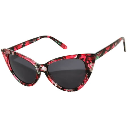 Retro Women's Cat Eye Vintage Sunglasses UV Protection Flower Red Frame Smoke Lens Brand
