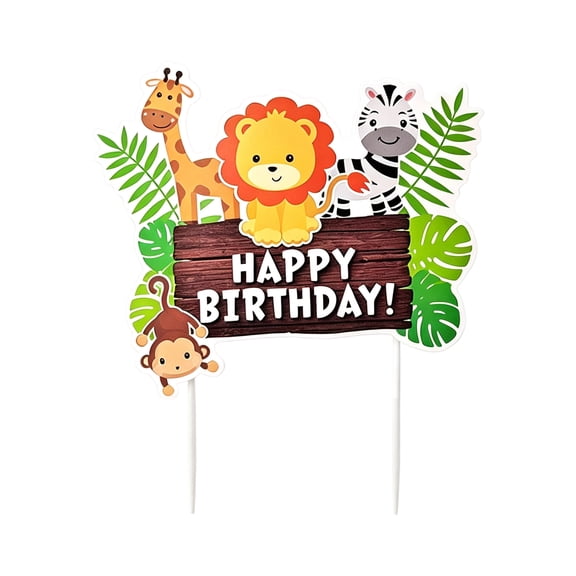 Jungle Animal Cake Topper,Cute Safari Cartoon Decorative Large Cake Pick with Green Leaves for Birthday Celebration and Party Supply