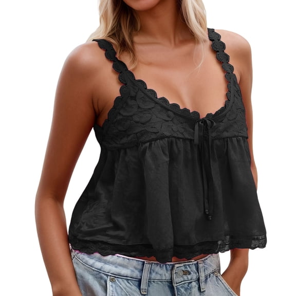 CUZIBR Women'S Lace Trim Tank Top Sleeveless Vest Scoop Neck Button Down Solid Color Cotton Linen Shirts Embroidery Camisole Loose Fit Summer Cozy Dailywear Vacation Tshirts Clothes,Black,L