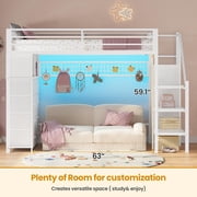 Twin Size Loft Bed with Stairs, 8 Storage Drawers, Power Outlet, LED Light, Metal Loft Bed with Wardrobe,Storage Stairs, Large Under-Bed Space, 13 Safety Guardrail,White