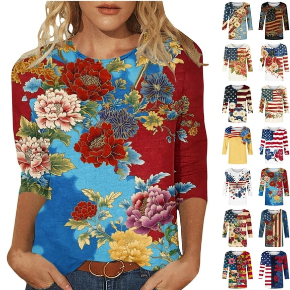JOANKDMI American Flag Print Shirts Women 3/4 Sleeve 4th of July Crewneck Patriotic Relaxed Fit Tops Summer Casual Holiday Festival Memorial Day Anniversary T Shirts