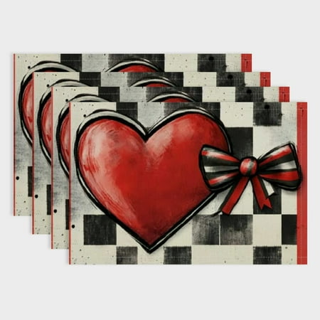 

PRATYUS Valentine s Day Placemats Hearts Ribbon Bow Polka Dots Farmhouse Holiday Kitchen Dining Table Decoration for Indoor Outdoor Dinner Party Décor 18x12in