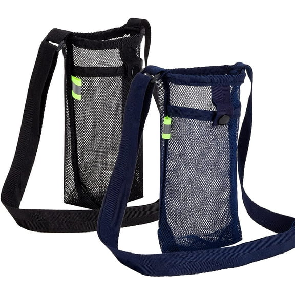 Duslogis 2Pcs Water Bottle Holder Mesh Water Bottle Carrier with Adjustable Shoulder Strap Lightweight Sling Water Bottle Bag Sleeve for Sports Gym Hiking Camping Walking Travelling ,Black & Blue