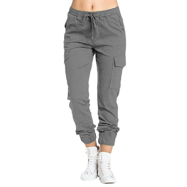 Gibobby Pantalones cargo para mujer Pantalones casuales de con múltiples bolsillos para damas Pantalones de cuerda con corsé de cintura elástica(Gris,M)