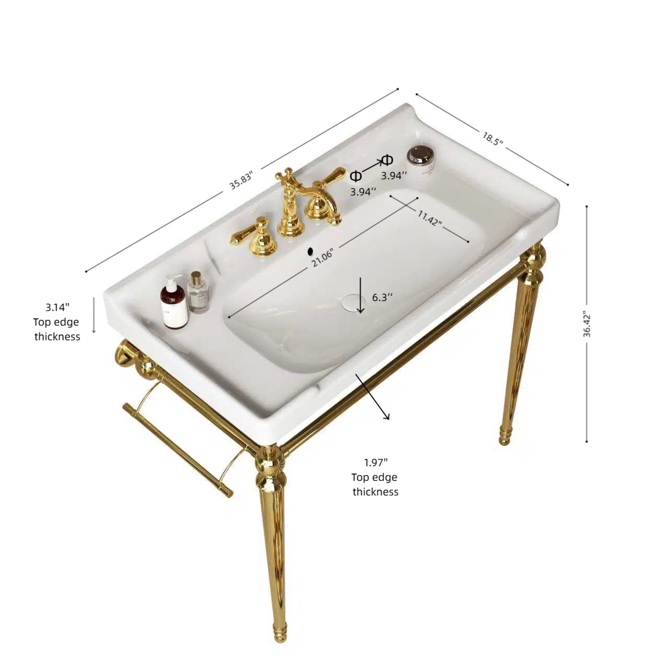 Noble House VICI 36" Bathroom Console Sink, Wall-Mounted Ceramic Basin Vanity with Stainless Steel Legs, White & Gold
