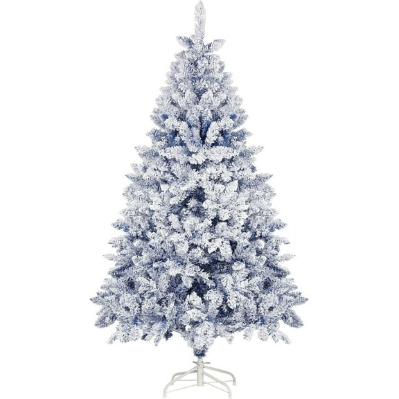 6FT Blue Premium Artificial Holiday Christmas Tree, Snow-Flocked Pine Tree with 1000  Branch Tips, Metal Stand and Hinged Branches for Indoor and Outdoor