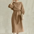 thumbnail image 2 of FAKKDUK Casual Dresses for Women 3/4 Sleeve Cotton Linen Summer Beach Dress Round Neck Belted A Line Midi Sundresses Casual Tiered Work Maxi Dress,Khaki&XXXXL, 2 of 8