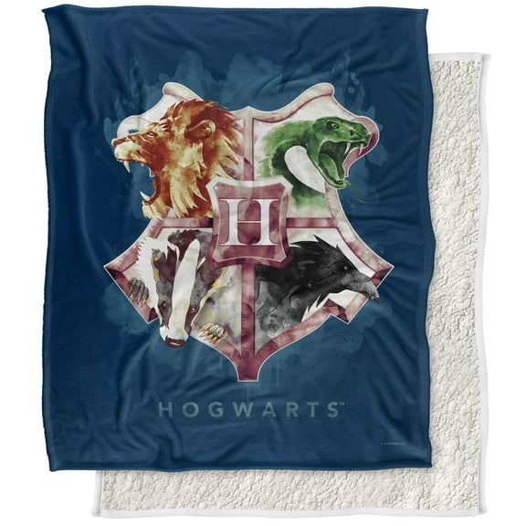Harry Potter Blanket, 50"x60", Hogwarts Crest Wash Silky Touch Sherpa Back Super Soft Throw Blanket