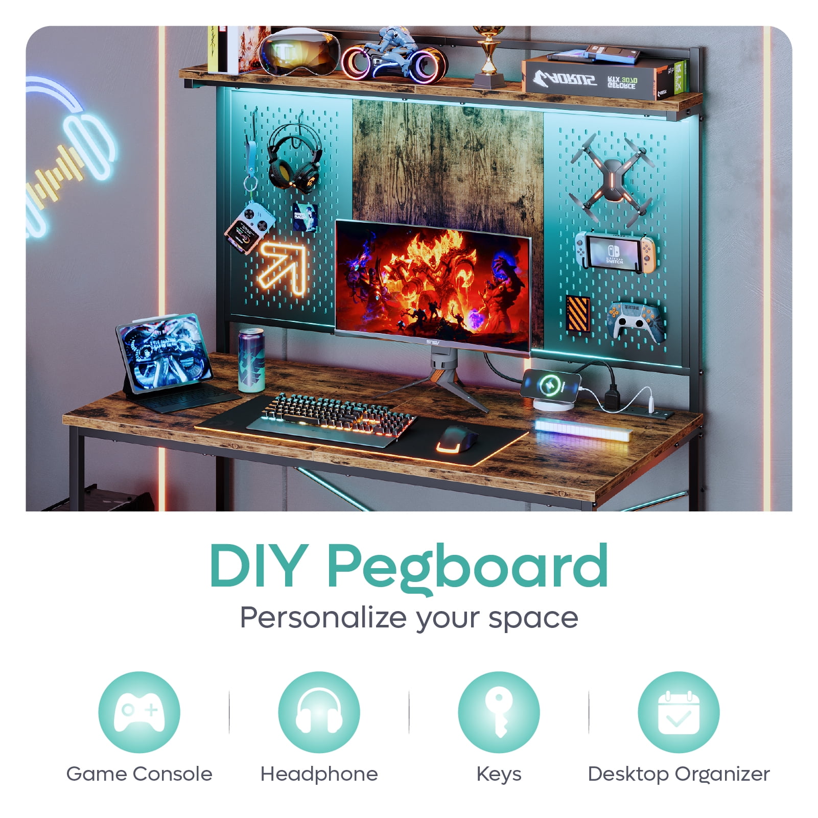 Bestier Gaming Desk with Power Outlets & LED Light, 39.3 Inch Computer Desk Office Table with Storage Shelves Pegboard, Rustic Brown