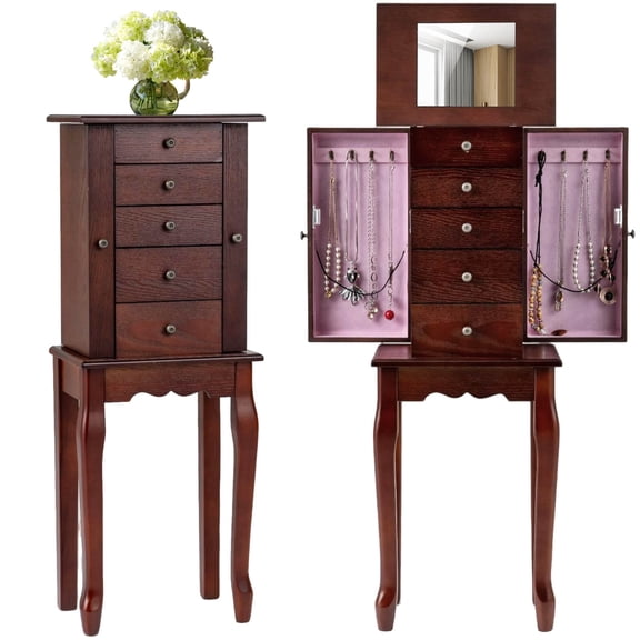 Costway Jewelry Cabinet with Mirror Armoire Storage Chest Stand Organizer Christmas Brown
