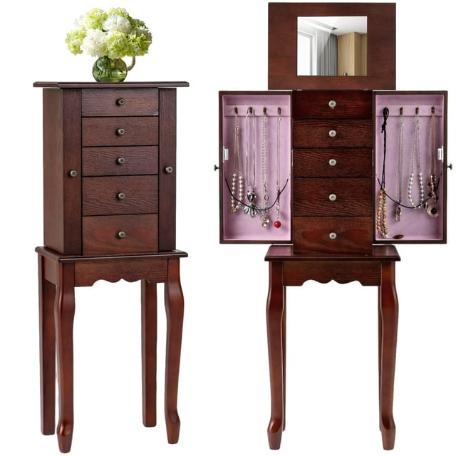 Costway Jewelry Cabinet with Mirror Armoire Storage Chest Stand Organizer Christmas Brown