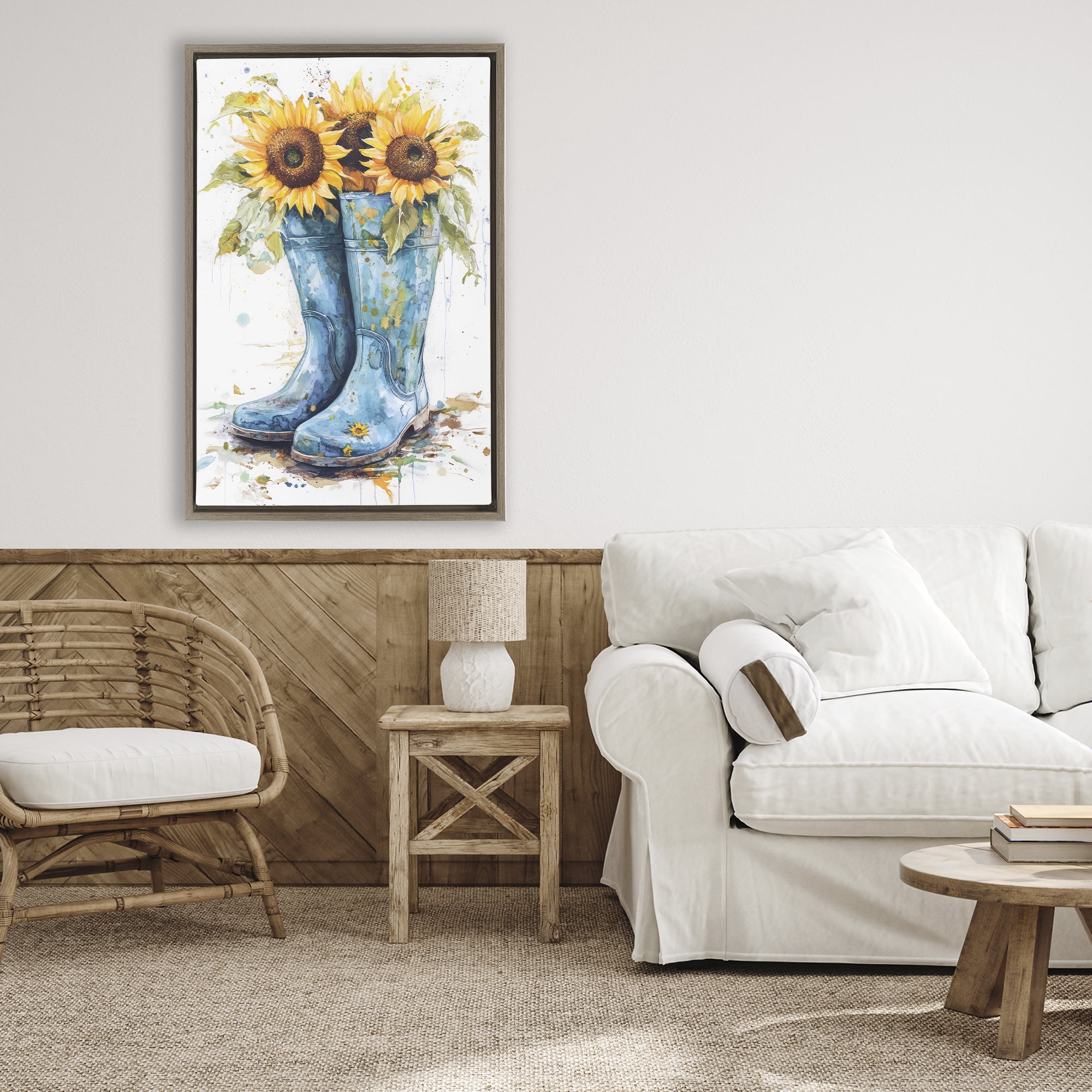 Stupell Industries Blue Rain Boots & Sunflowers Brown Framed Floater Canvas Wall Art, design by Tina LeCour