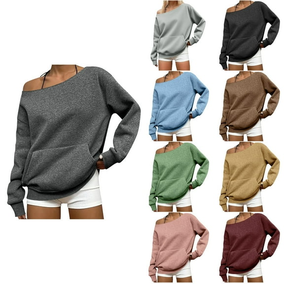 Antinious Dressy Tops for Women Solid Off Shoulder Long Sleeve Sweatshirt,Fall Winter Going Out Tops for Women,Sweatshirt for Women,Gray,XXL