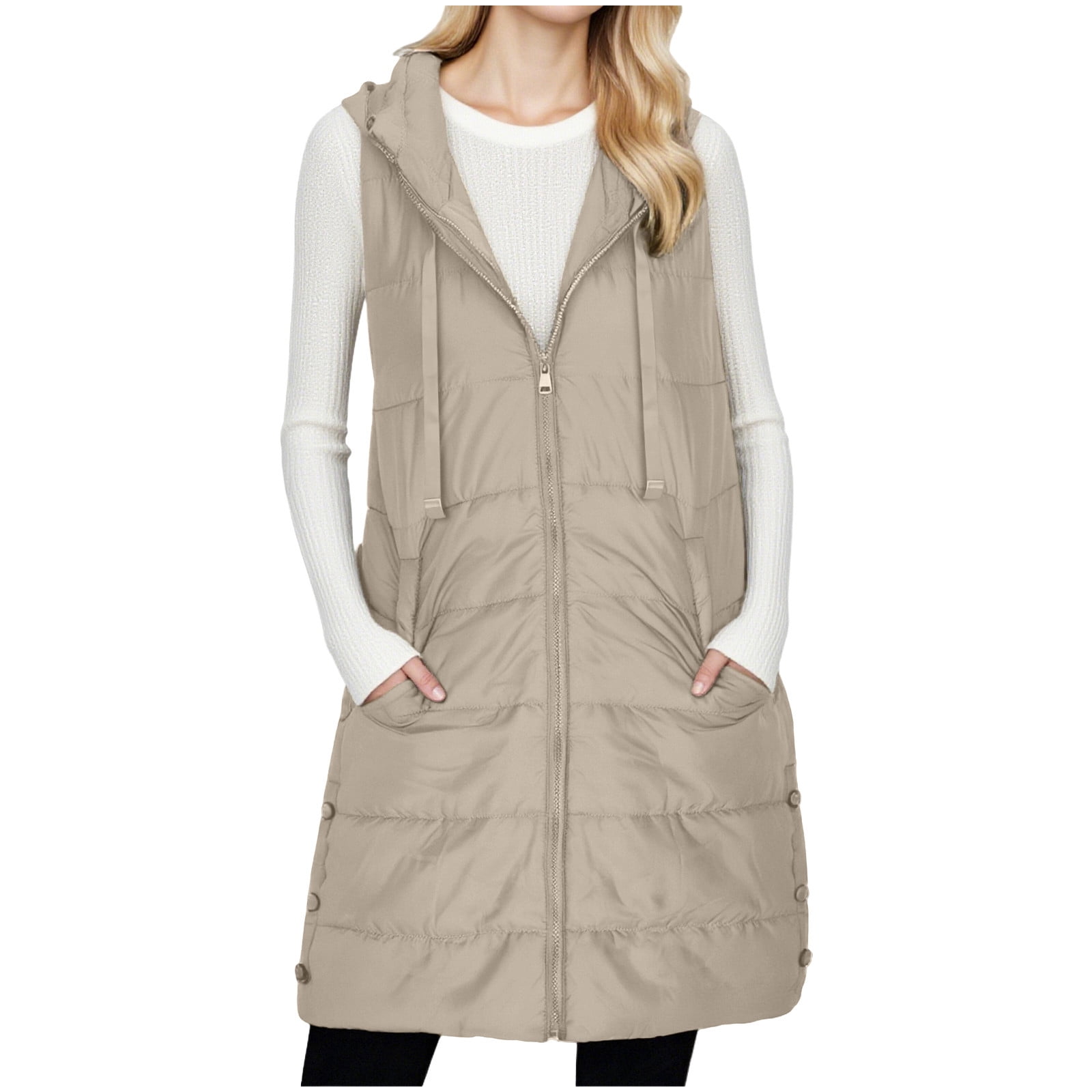 Brnmxoke Plus Size Long Puffer Vest Women Casual Sleeveless Hooded Zip Up Vests with Pockets Lightweight Quilted Outerwear Winter Warm Down Jackets Beige,XL