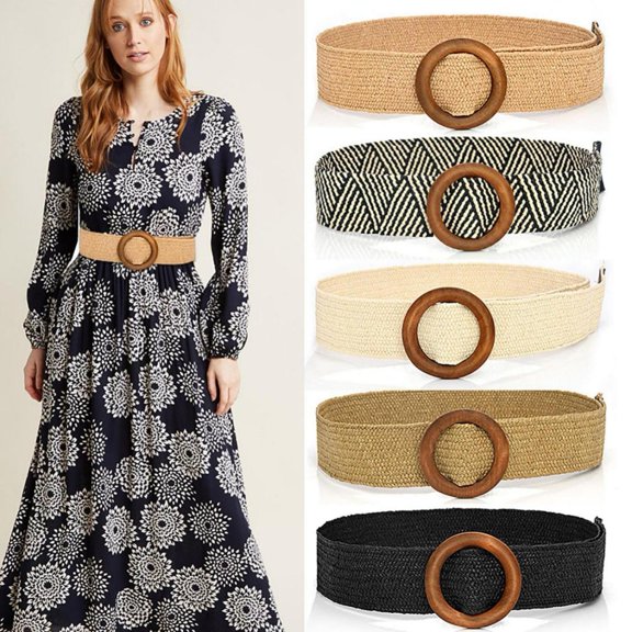 RotHome Straw Woven Elastic Stretch Belts for Women Boho Braided Dress Belt Comfortable Raffia Waistband for Dresses Casual Summer Accessories Black