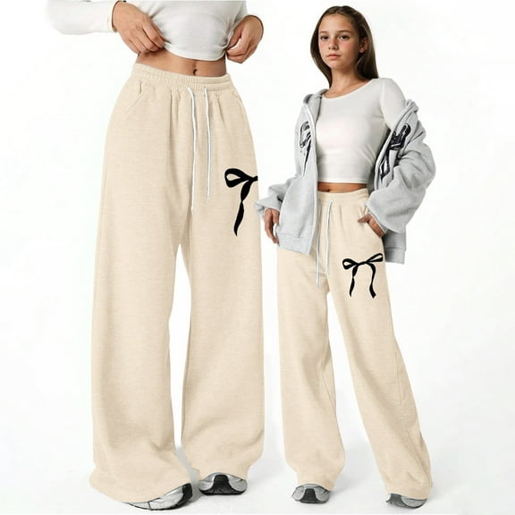 Girls Pants Girl'S Bowknot Baggy Sweatpants Lightweight Straight Leg Athletic Pants With Pockets Beige 10-11 Years