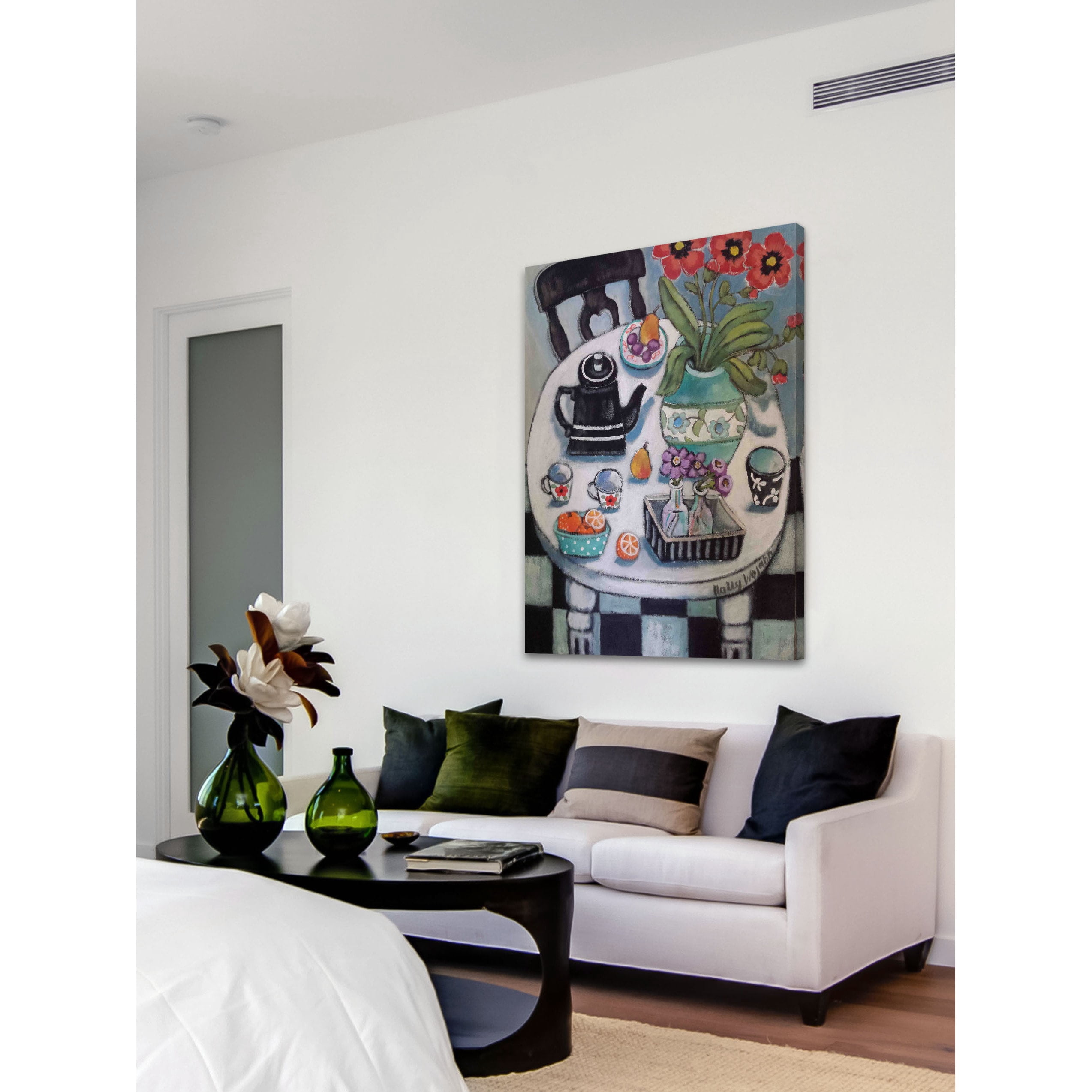 Marmont Hill "Fruit and Flowers on White Table" Painting Print on Canvas