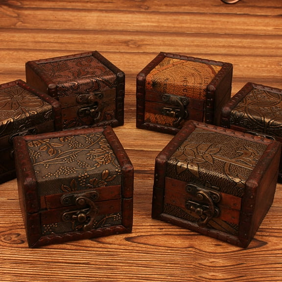 Ludlz Vintage Small Wooden Lock Jewelry Holder Storage Necklace Bracelet Gift Box Case Vintage Small Wood Flower Coin Pattern Box Jewelry Bracelet Storage Holder Case