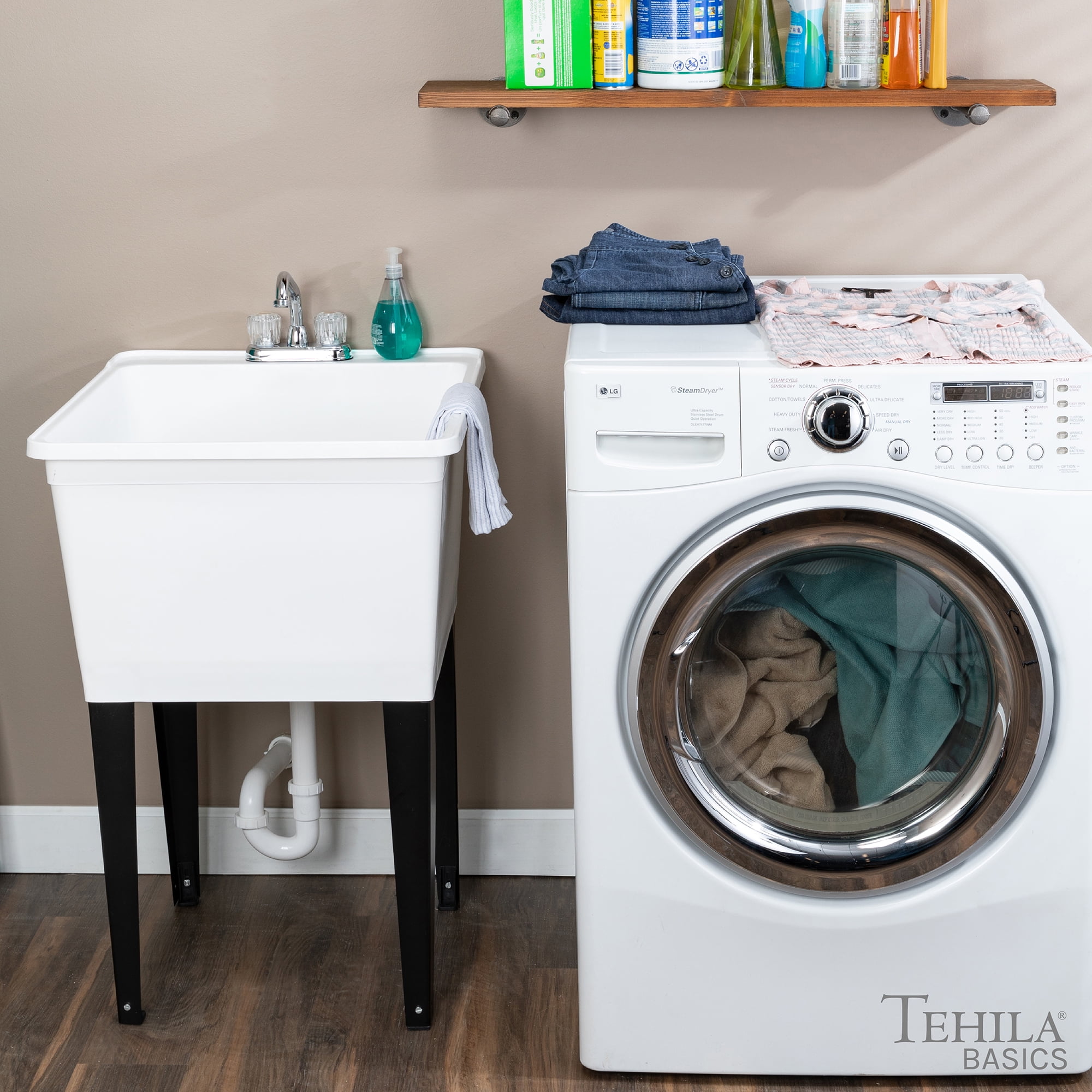 Tehila Freestanding White Utility Sink with Chrome Faucet for Laundry Room