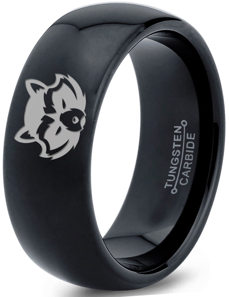 Tungsten North American Racoon Coon Band Ring 8mm Men Women Comfort Fit Black Dome Polished