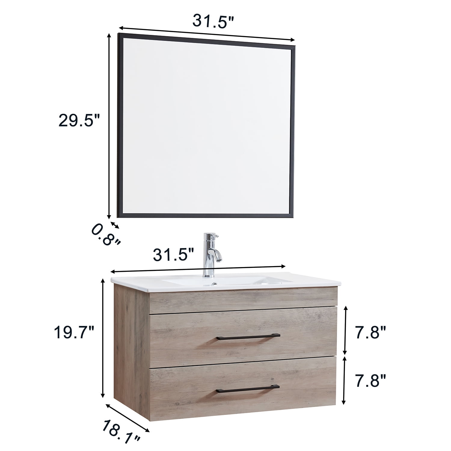 Demi Bonn 32" Wood Grain Wall-Mounted Bathroom Vanity with Ceramic Sink, 2 Soft-Close Drawers and Aluminum Frame Mirror, Faucets and Drains Not Included, Gray