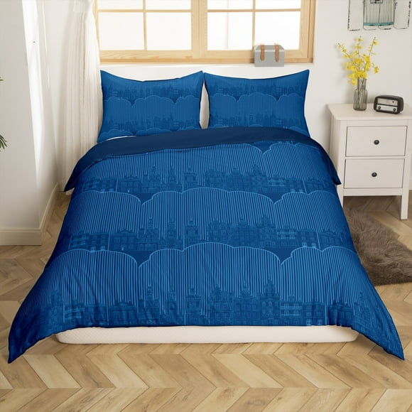 Erosebridal Western Castle Comforter Cover Twin, Vintage Style Duvet Cover Twin, Navy Blue Reversible Bedding Twin Size, Microfiber Bedroom Decorative, 2 Pieces（No Comforter）