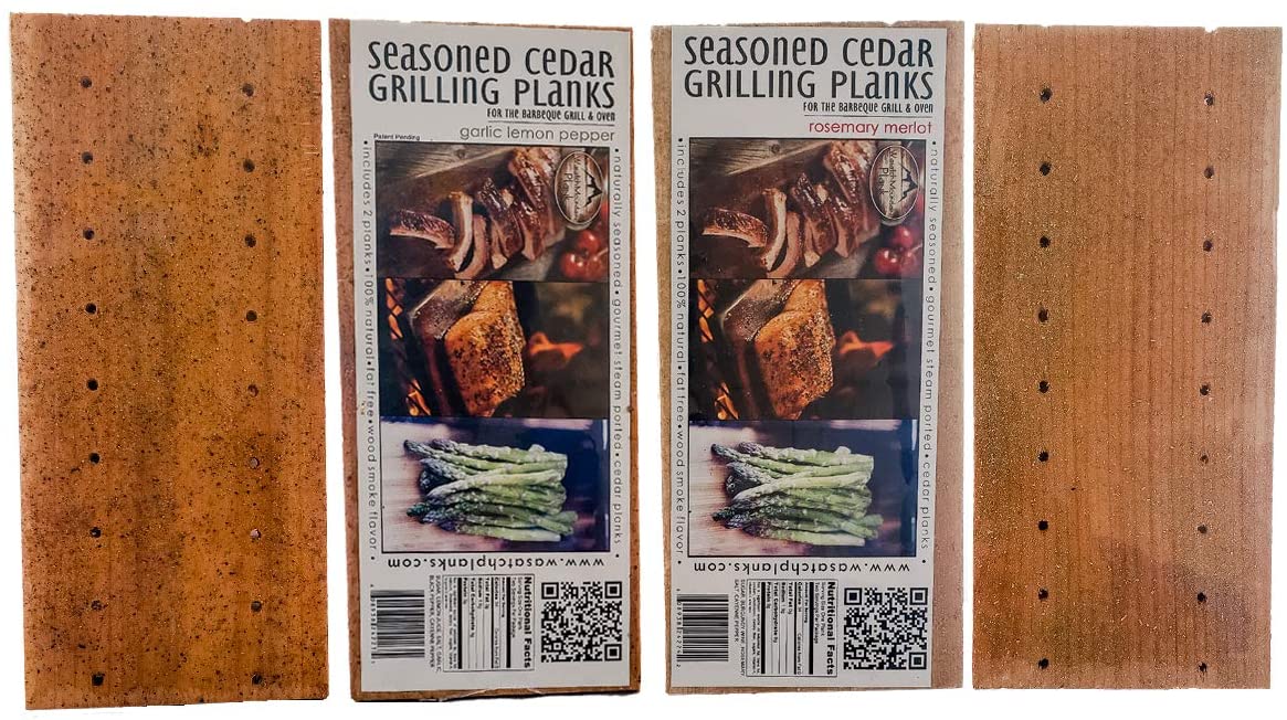 Wasatch Mountain Cedar Grilling Planks for Salmon; Bundle 4 Pack Seasoned w/ 100% Natural Herbs, Spices & Oils; Gourmet Ports Combine Steam & Wood Smoke Flavor (Rosemary Merlot, Garlic Lemon Pepper) - image 1 of 8