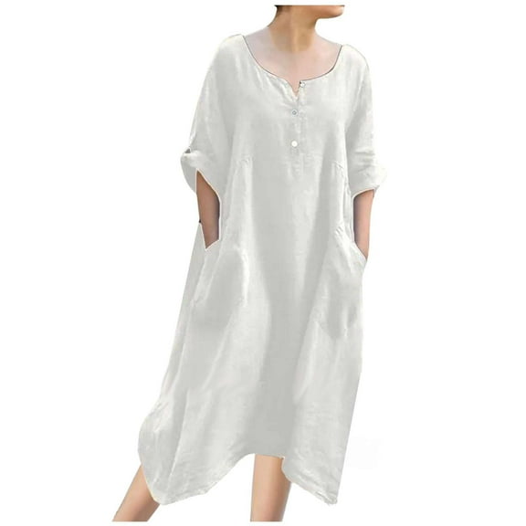 biudgviw Fall Dresses for Women Casual Scoop Neck Buttons Flowy Dress Lounge Adjustable Long Sleeve Cotton Linen Midi Dress