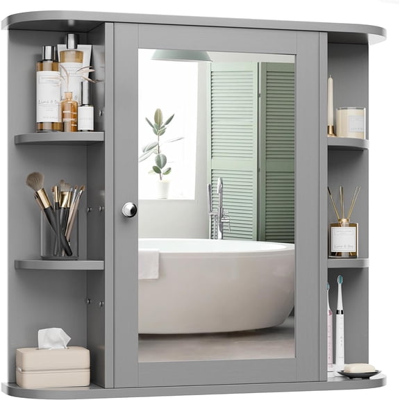 Bathroom Mirror Cabinet Wall Mounted, Medicine Cabinet with Mirror and 6 Open Shelves, Modern Bathroom Wall Cabinets Medicine Cabinets, Grey
