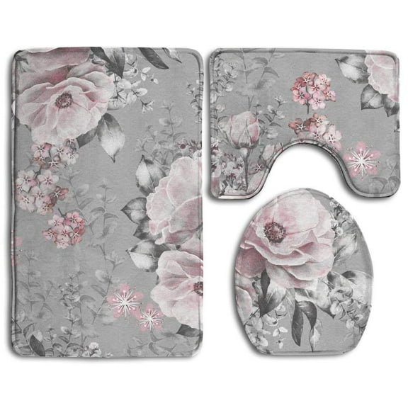 GOHAO Pink Flowers Leaves Watercolor Floral Flower 3 Piece Bathroom Rugs Set Bath Rug Contour Mat and Toilet Lid Cover