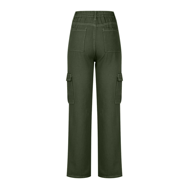 XFLWAM High Waist Stretch Cargo Pants Women Baggy Multiple Pockets Straight  Wide Leg Y2K Pant Khaki L 