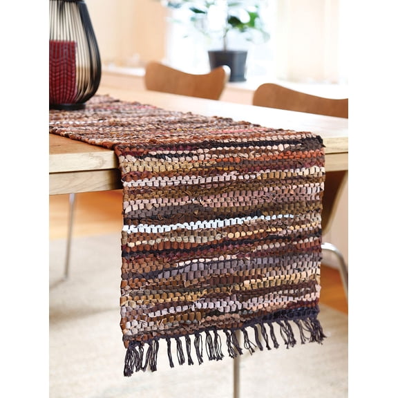 HF by LT Tucson Leather Table Runner, 13 x 78 inches, Handwoven Recycled Leather and Soft Cotton, Brown
